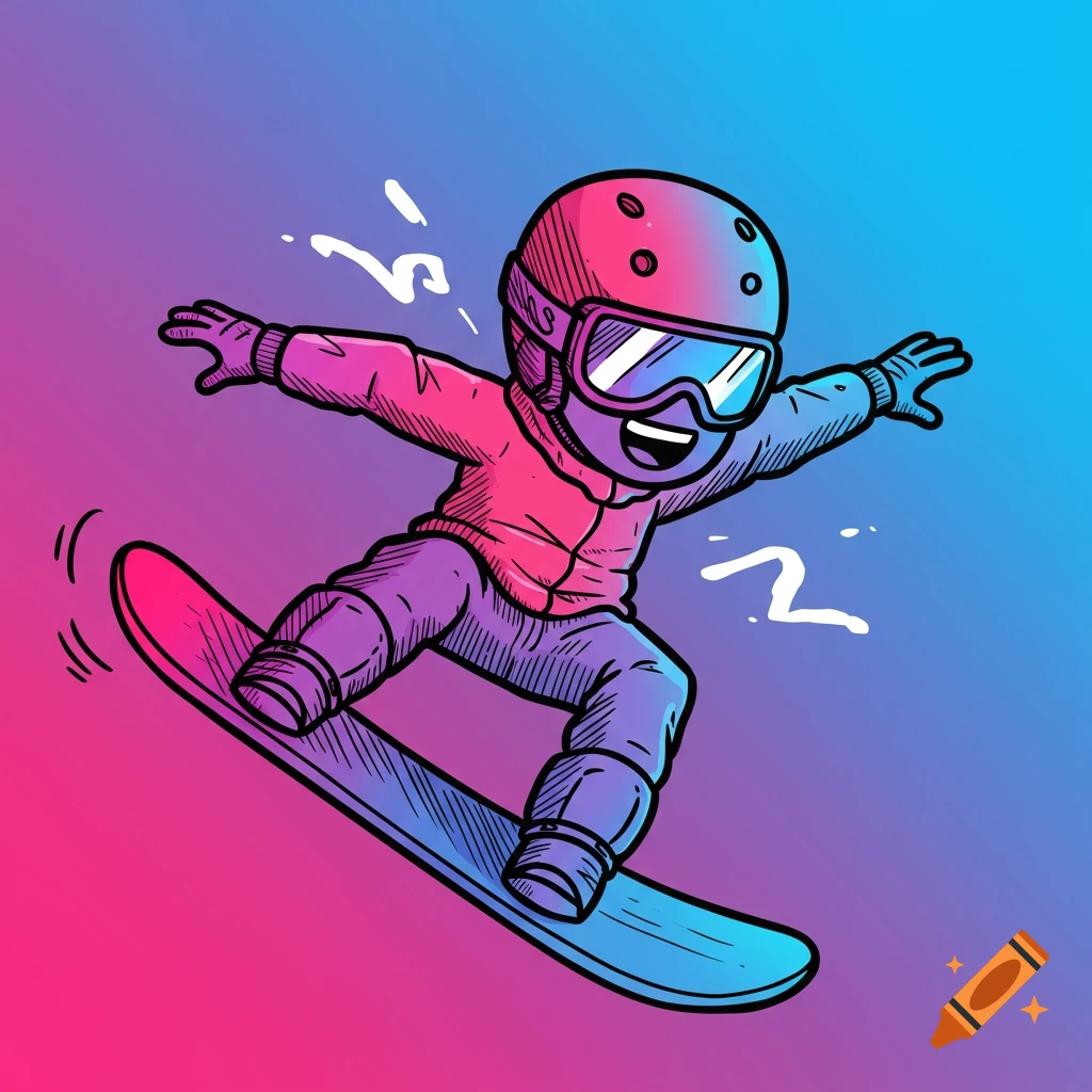 A cartoon snowboarder in a vibrant pink and blue color scheme, jumping on a snowboard against a gradient background.