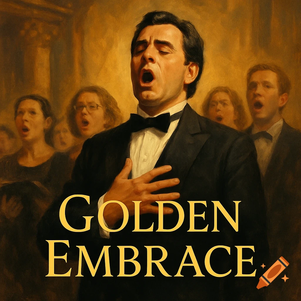An oil painting of an opera singer with a choir, featuring 'GOLDEN EMBRACE' text.