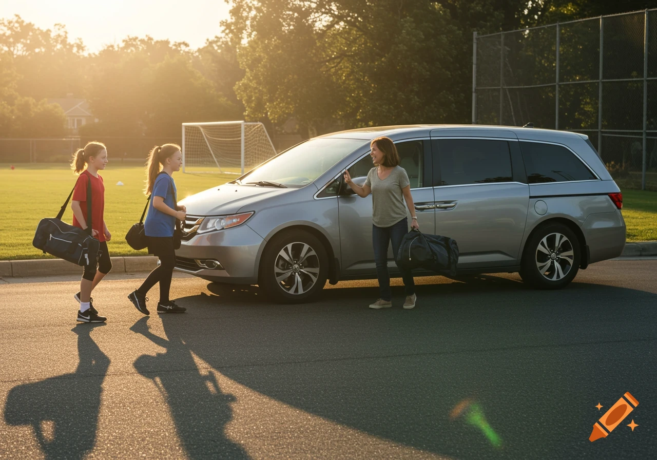 Photorealistic image of a woman and two girls with duffle bags next to a silver minivan on a sunny day at a soccer field.