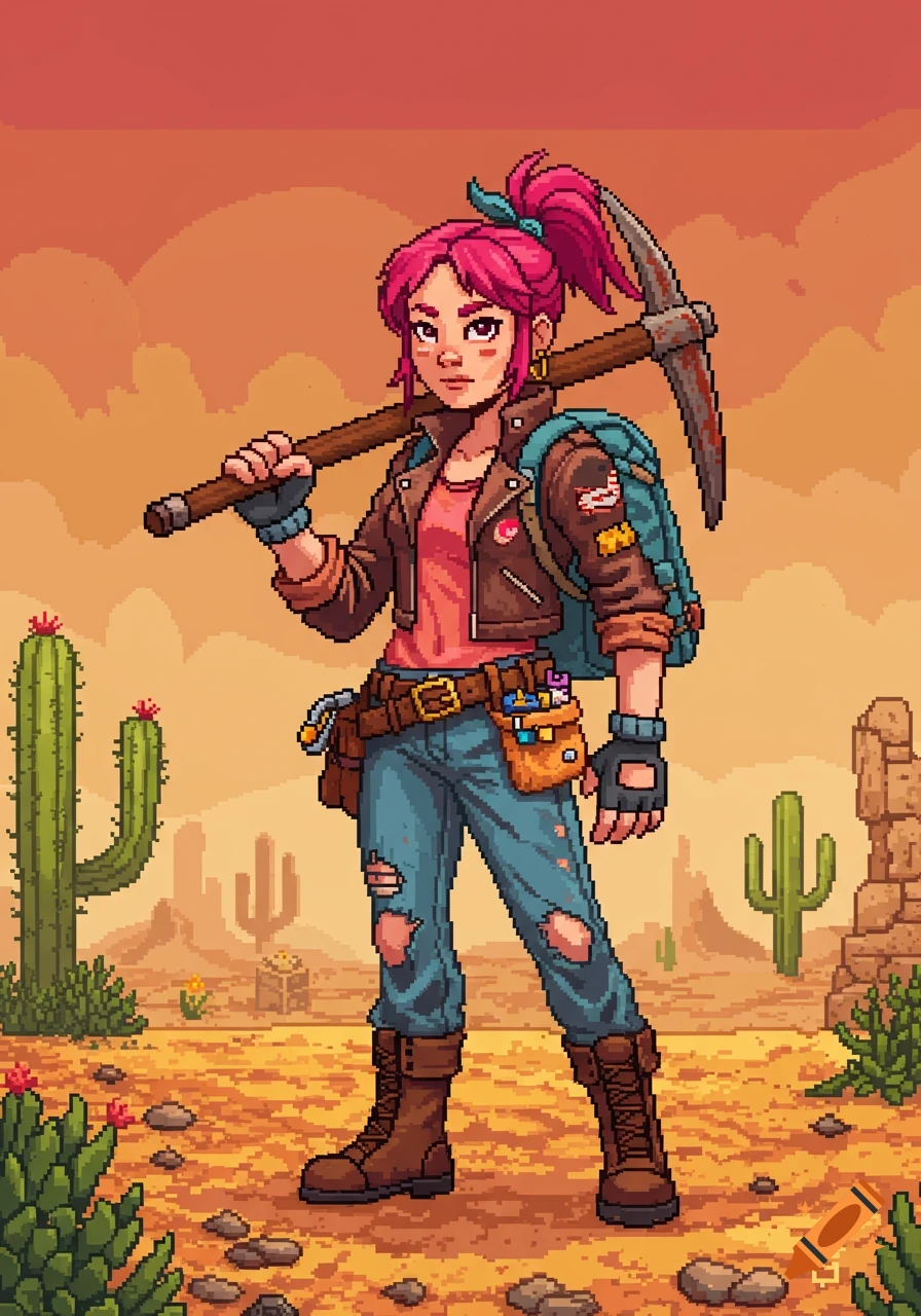 A pixel art illustration of a female treasure hunter with pink hair, wearing a brown jacket and ripped jeans, holding a pickaxe over her shoulder, standing in a desert landscape with cacti.