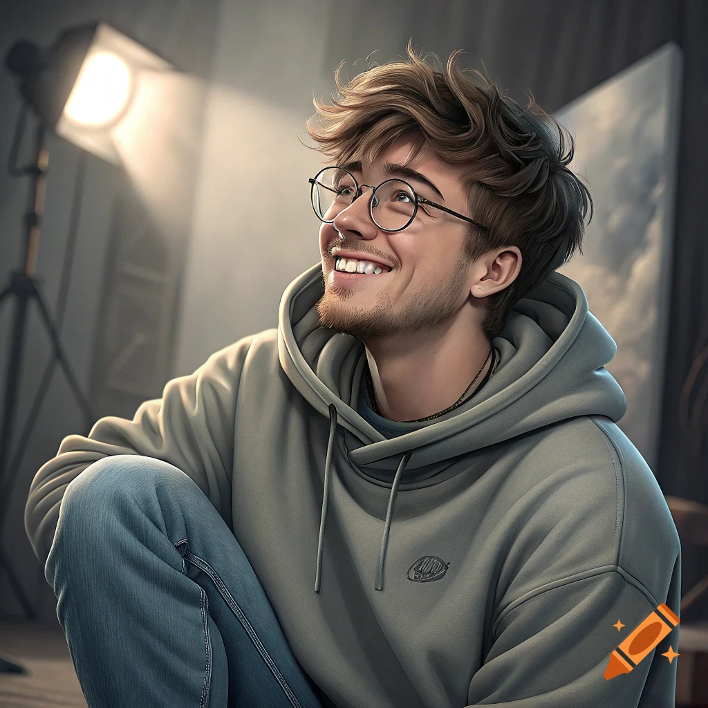 Digital art portrait of a young man with glasses and a beard, smiling and looking up, in a studio with a spotlight.