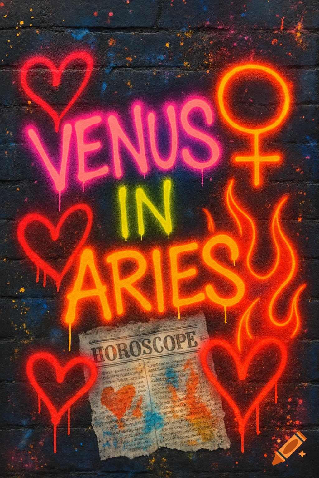 Neon graffiti art on a dark brick wall spells 'VENUS IN ARIES' in pink and yellow, surrounded by red hearts and orange flames. A ripped horoscope newspaper is below.