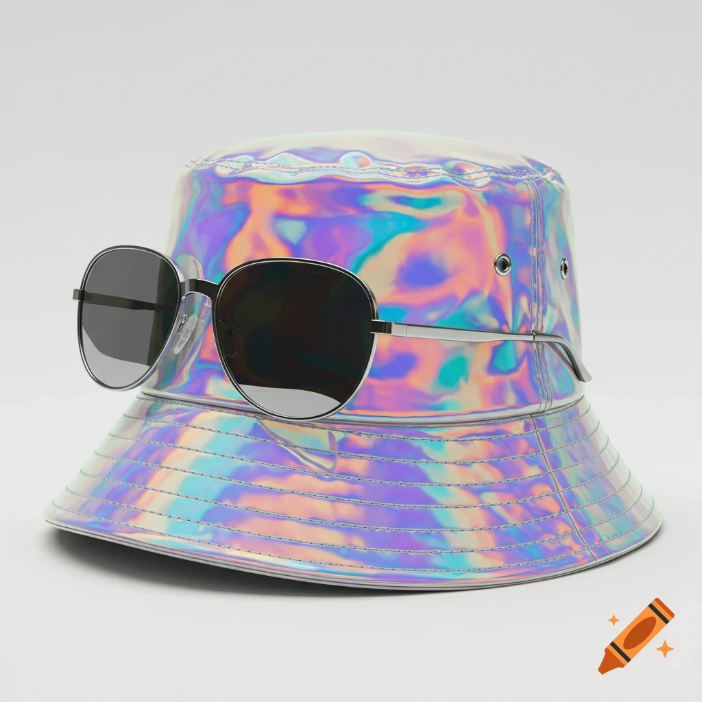 A photorealistic image of a shiny holographic bucket hat with silver sunglasses resting on it.