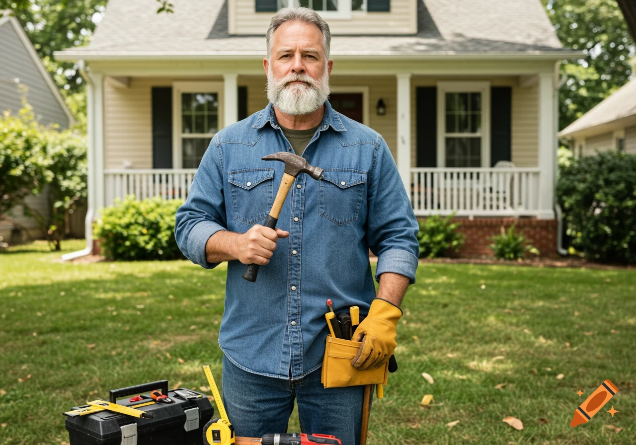 A bearded handyman in a denim shirt holding a hammer, standing in front of a house with a toolbox and other tools on the grass.