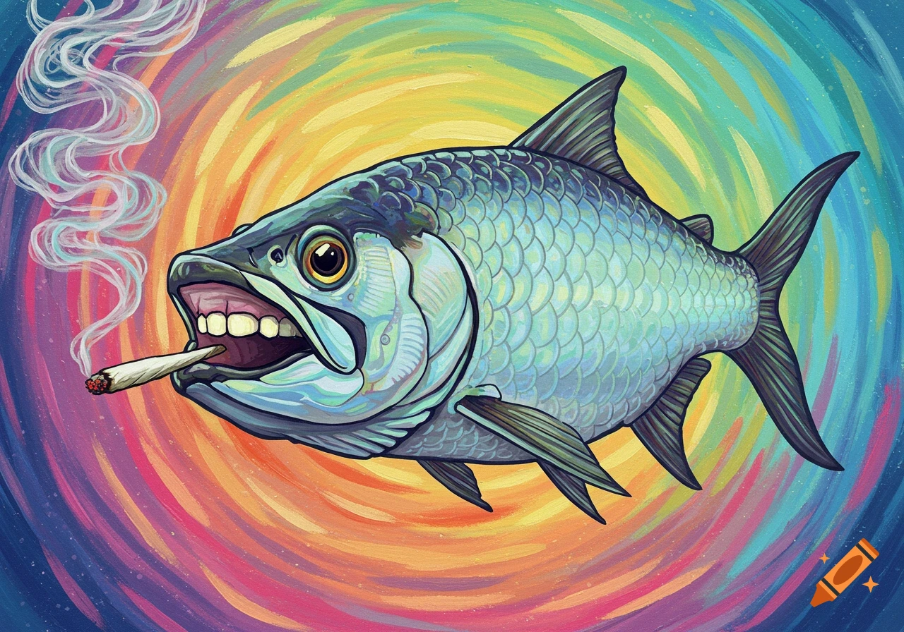 A vibrant illustration of a tarpon fish with human-like teeth, smoking a joint, against a psychedelic swirling background.