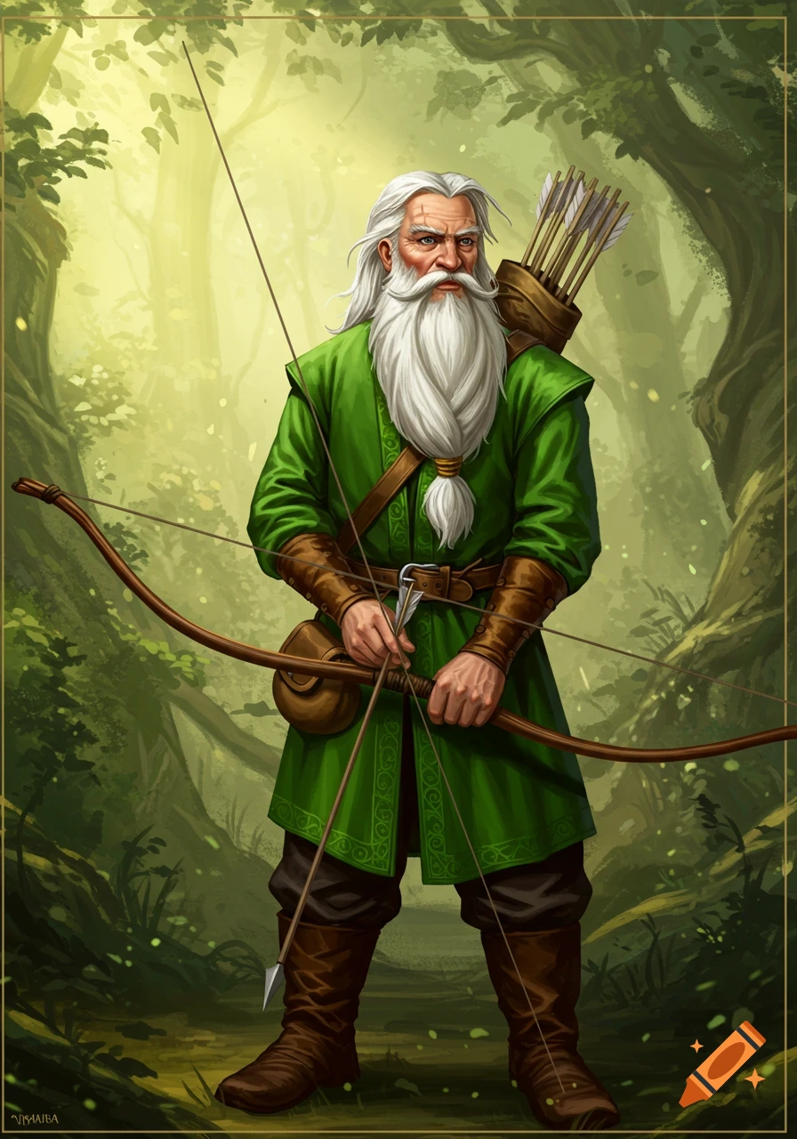 An old archer with a white beard and green tunic holds a traditional wooden bow in an enchanted forest, digital painting.