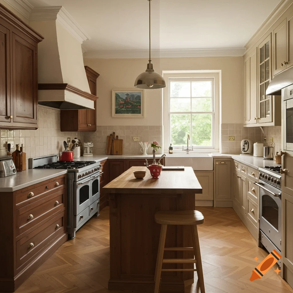 A spacious, traditional kitchen with dark wood cabinets, a large silver range, a central wooden island, and a window overlooking greenery.