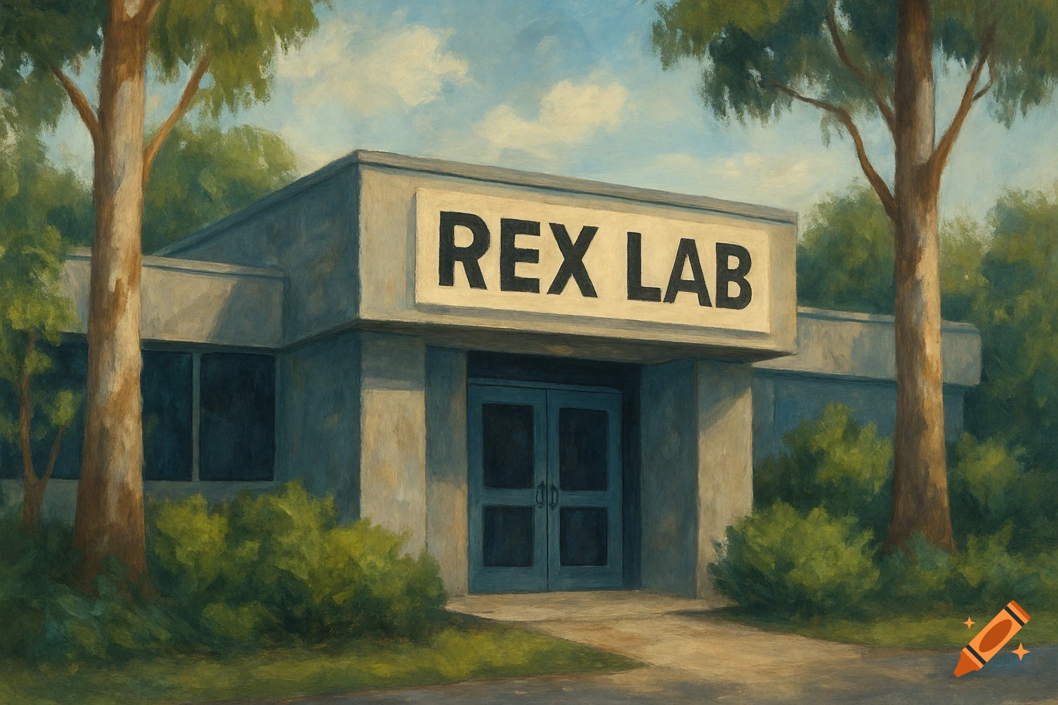 A painterly depiction of a building with a 'REX LAB' sign, surrounded by trees and bushes.