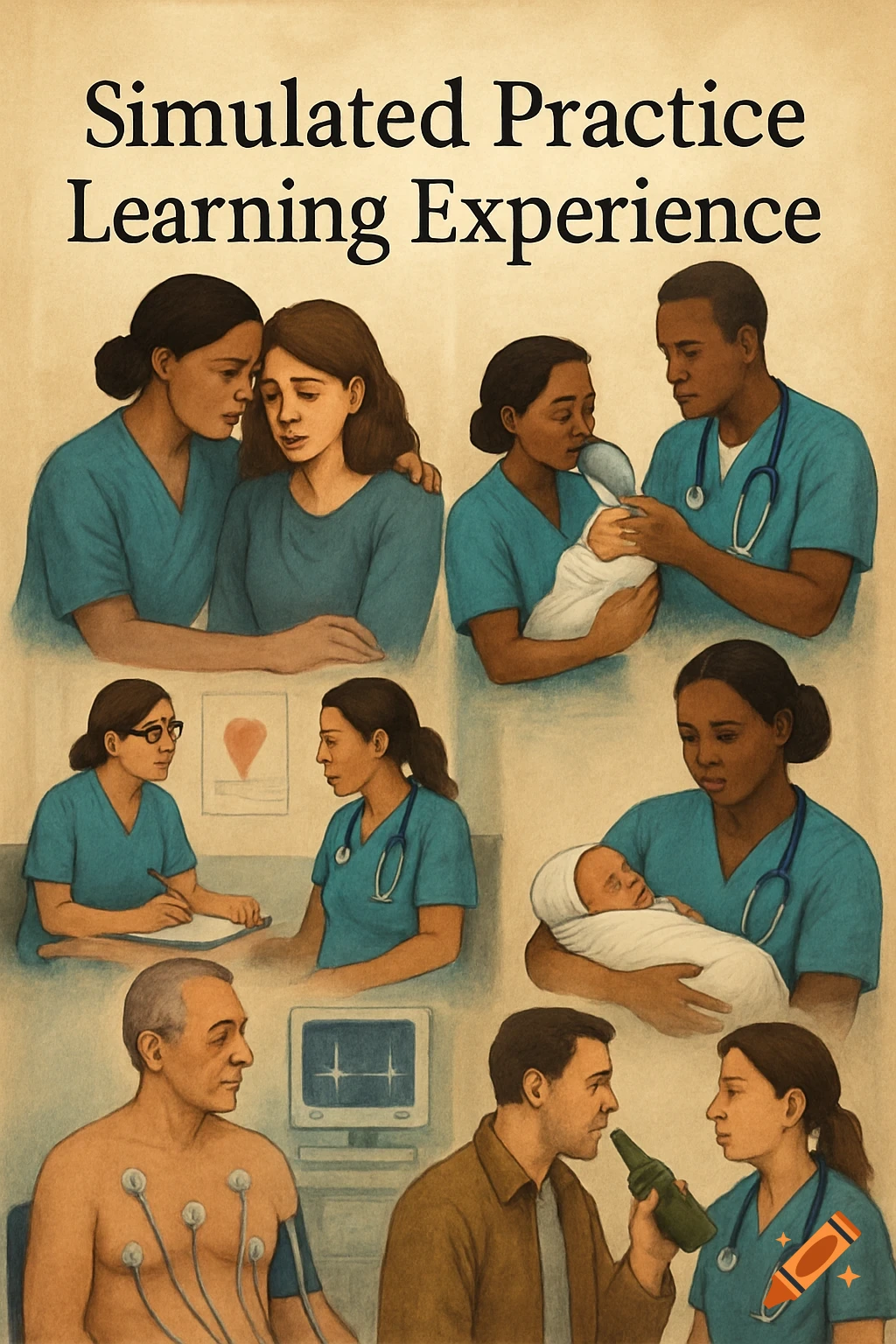 Illustration showing multiple nursing scenes including patient care, neonatal nursing, cardiology, and interactions related to social issues.