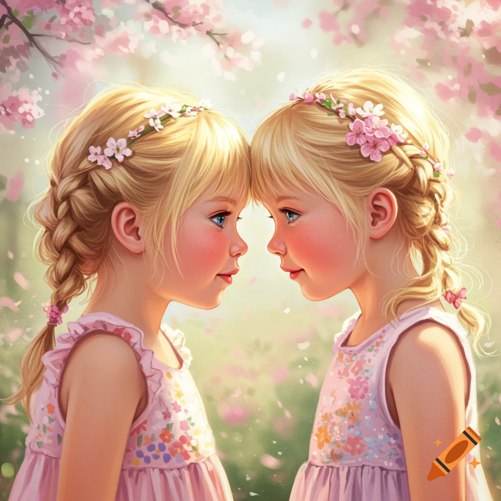 Two blonde girls, nose to nose, wearing flower crowns amidst pink blossoms in an illustrative style.