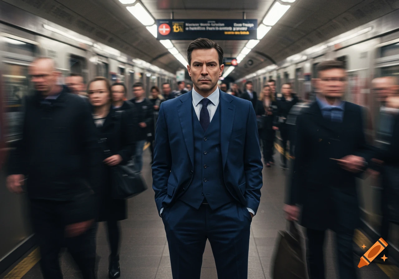 A man in a midnight blue three-piece suit stands sternly in a crowded subway station, surrounded by blurred commuters.