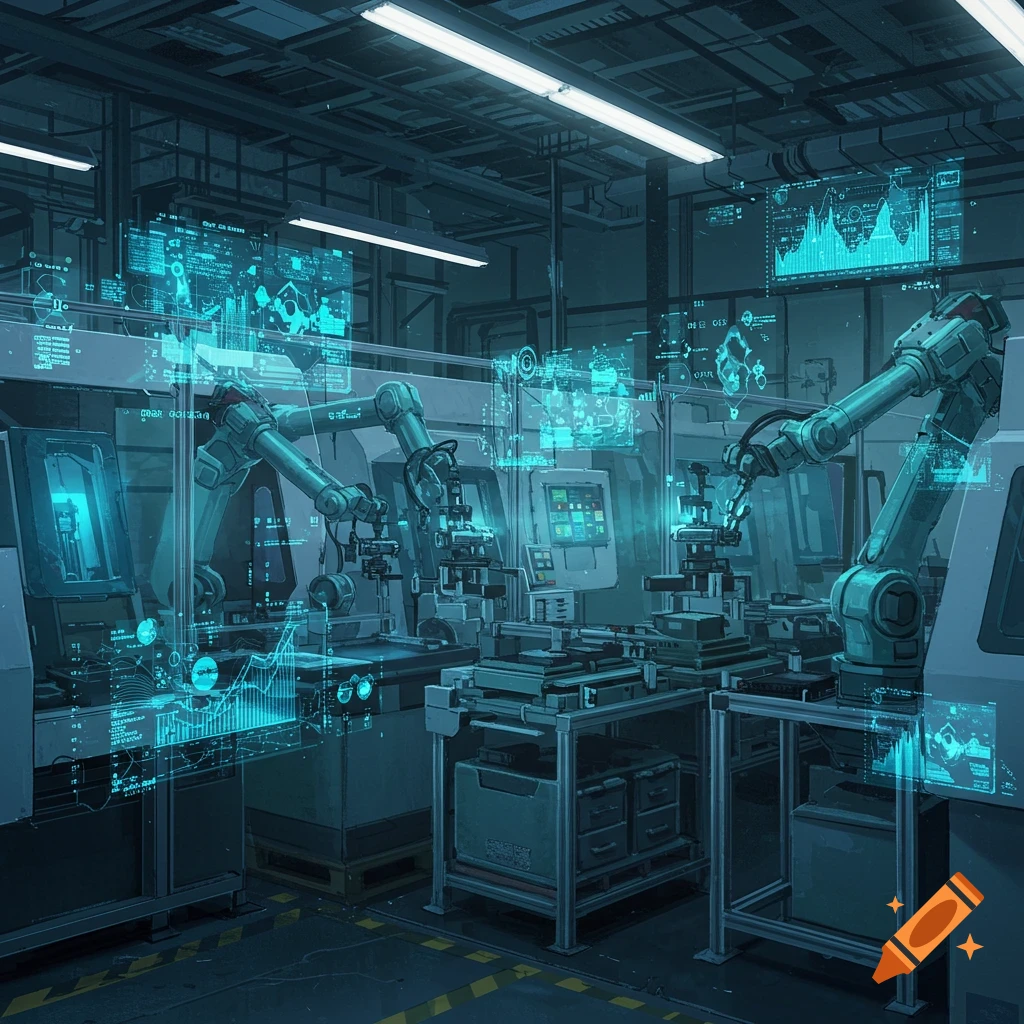 Futuristic factory with robotic arms and glowing blue holographic displays of data and graphs.