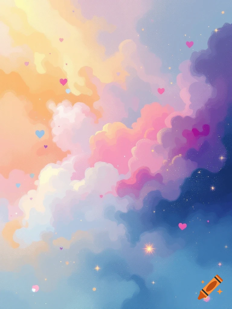 A whimsical sky with clouds in pastel shades of pink, orange, blue, and purple, adorned with floating pink and blue hearts and sparkling stars.