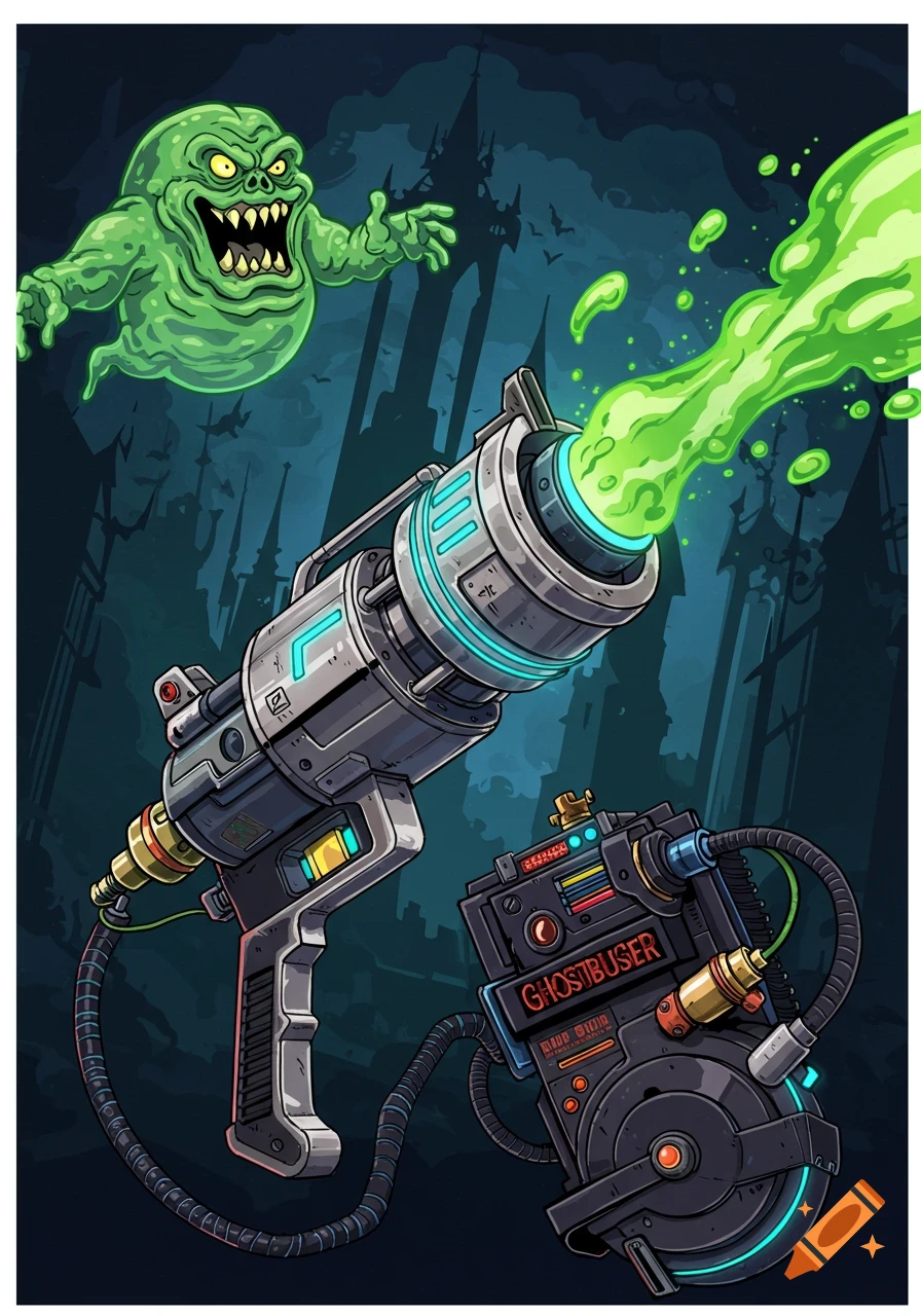 A green cartoon ghost floats above a grey ghost-busting proton gun firing green slime, with a proton pack below, against a dark, spooky background.