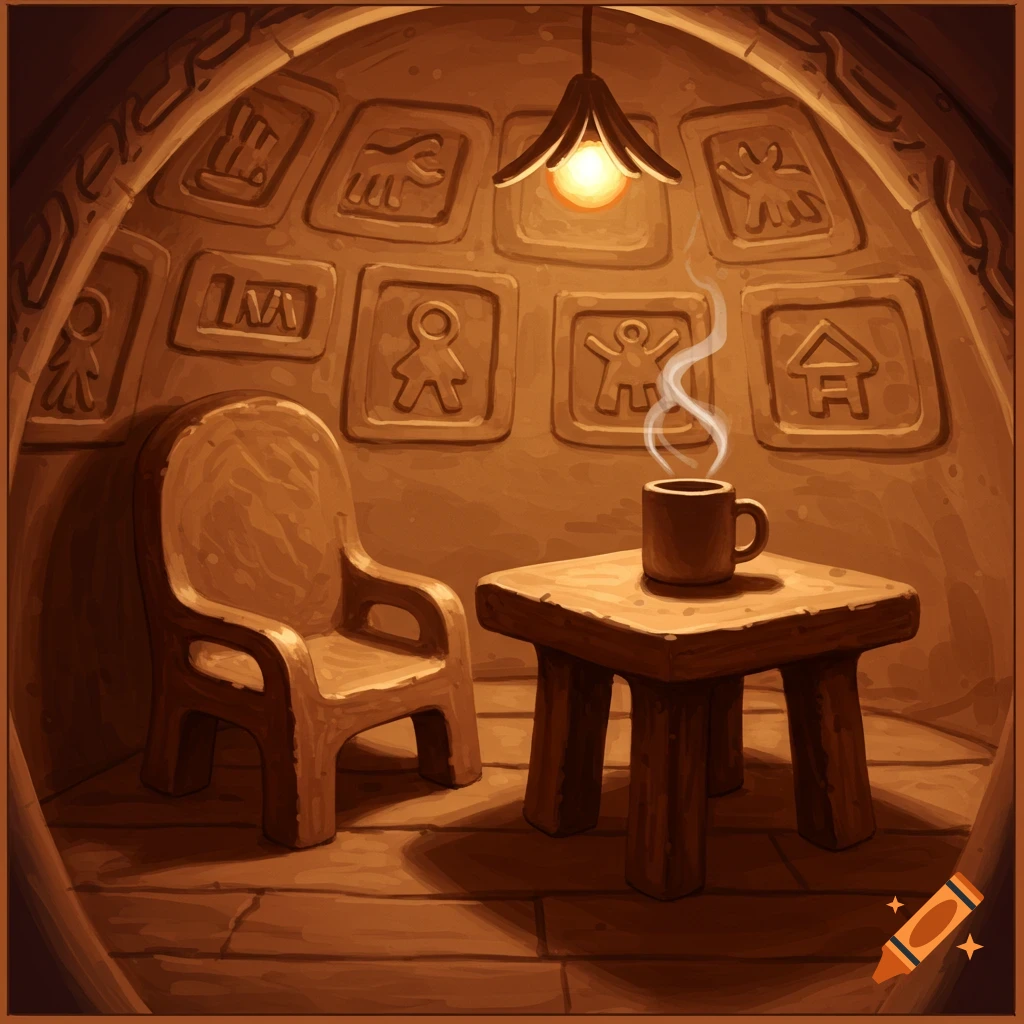 Cozy rustic clay room with a steaming mug on a table, a chair, and carved symbols on the walls.