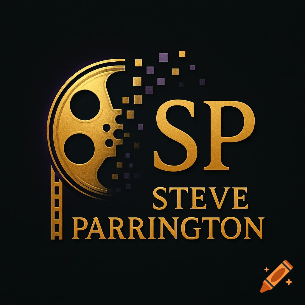 Gold film reel and pixels next to 'SP' and 'STEVE PARRINGTON' text on a dark background, forming a logo.