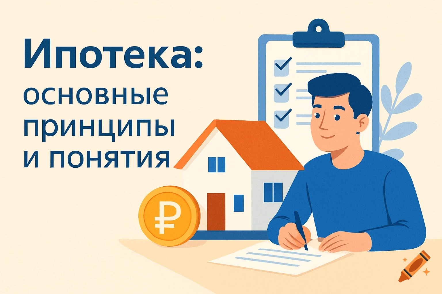 Flat illustration of a man writing, a house, a ruble coin, and a checklist, with Russian text 'Mortgage: basic principles and concepts'.