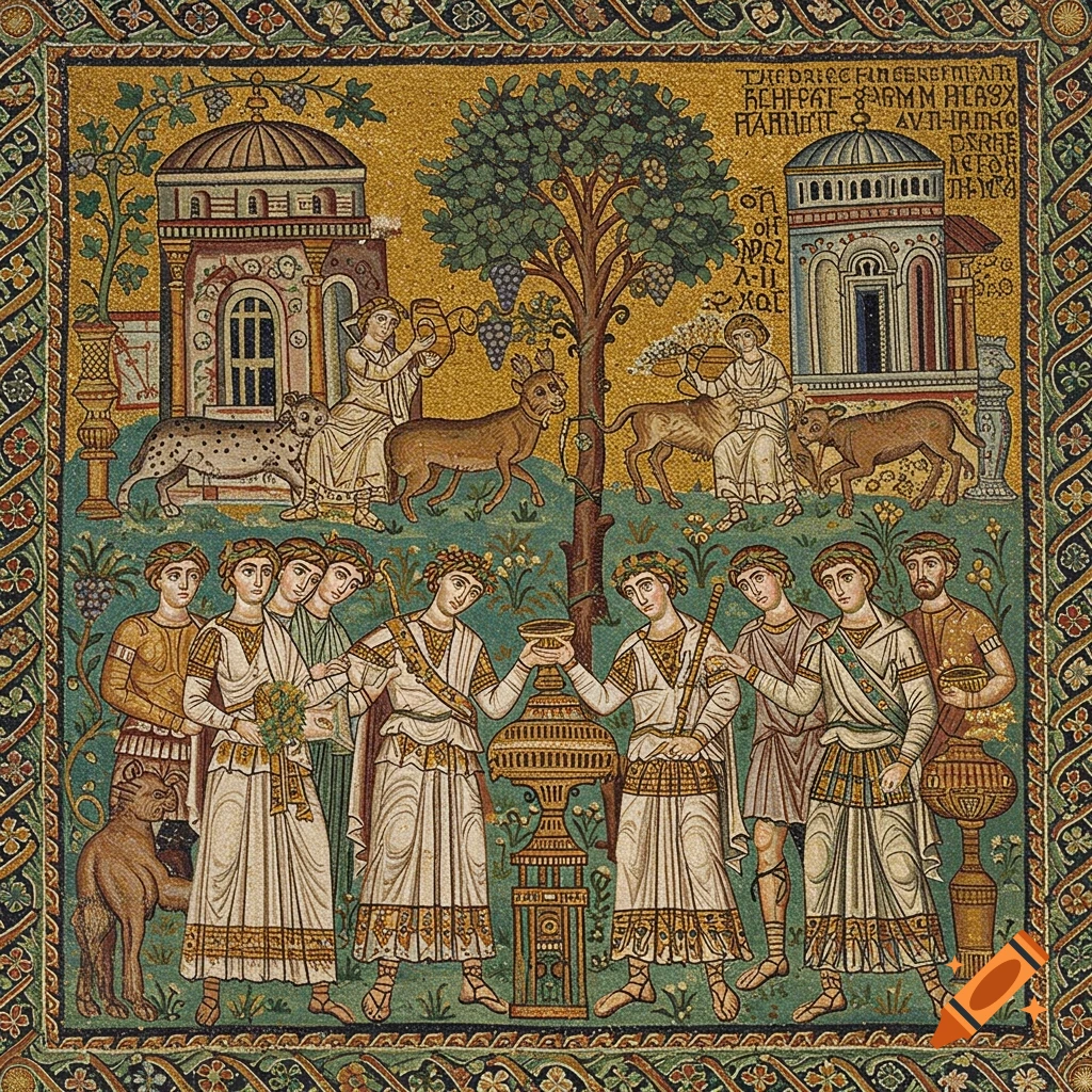A detailed Byzantine mosaic depicting a scene with people, animals, buildings, and a large tree, all crafted from colorful tesserae.
