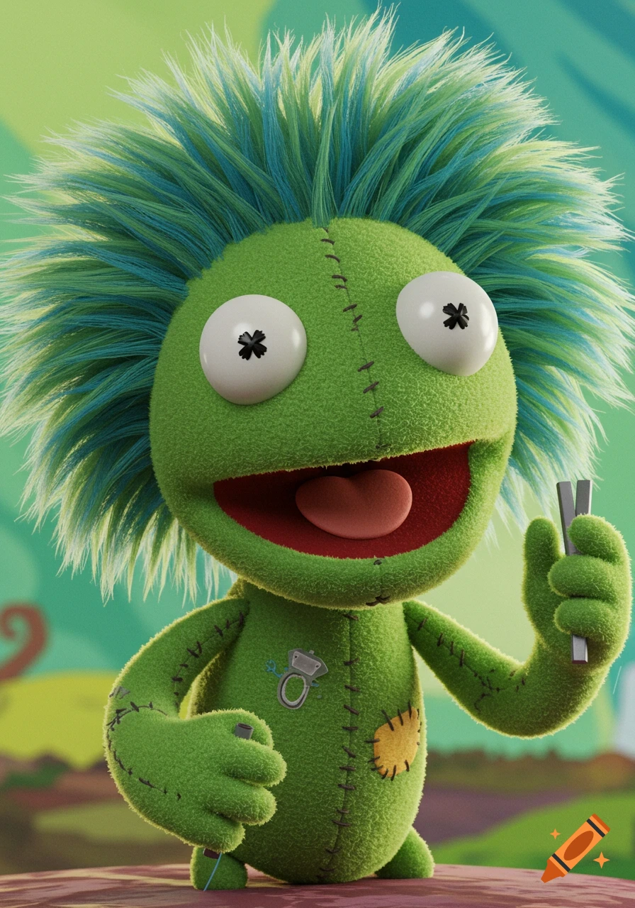 A green furry puppet with large white eyes, spiky blue-green hair, and stitches, holding a tuning fork.