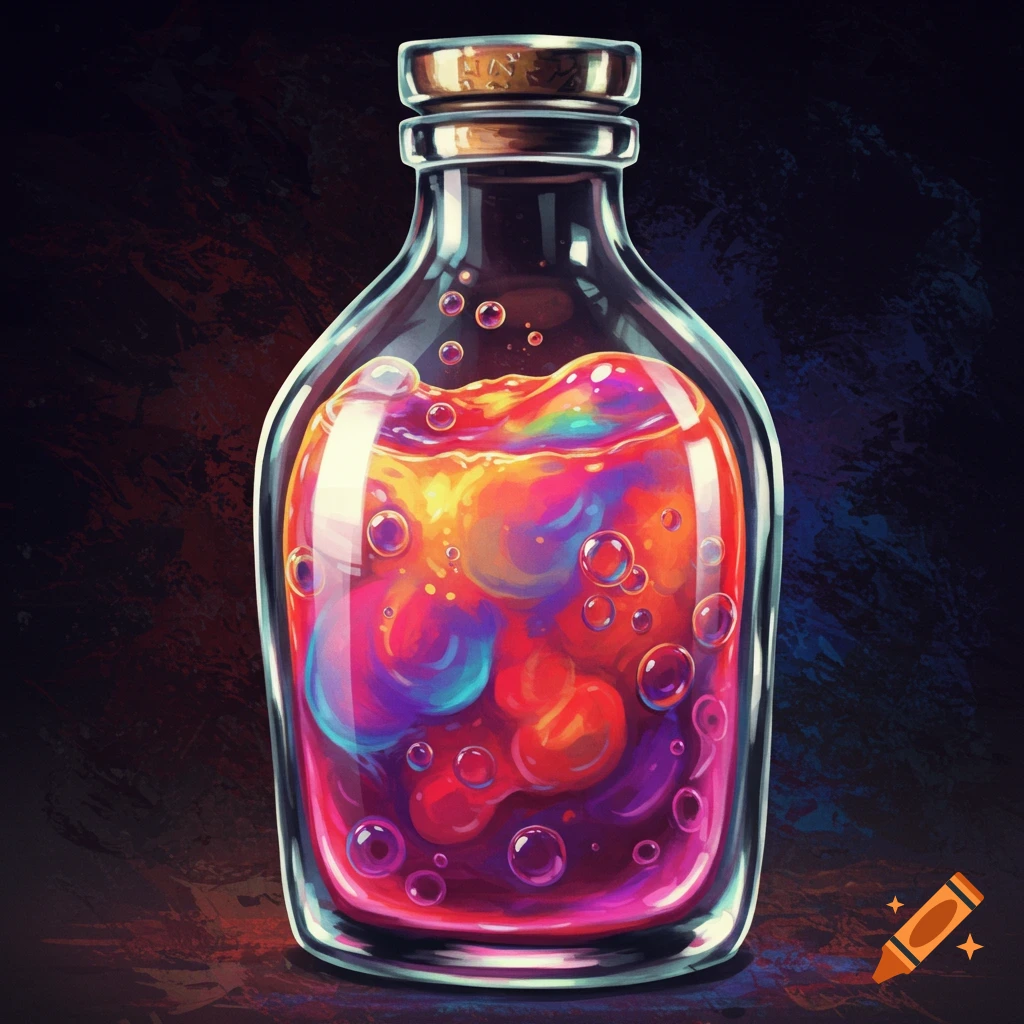 A vibrant, colorful liquid swirls inside a clear glass bottle, adorned with small bubbles and set against a dark, textured background.