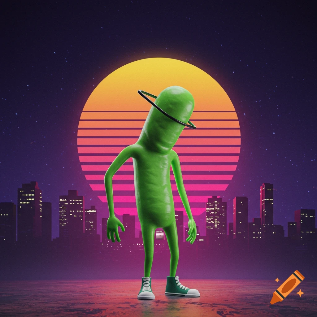 A green, bean-shaped humanoid in sneakers stands against a retro synthwave cityscape with a large gradient sun.