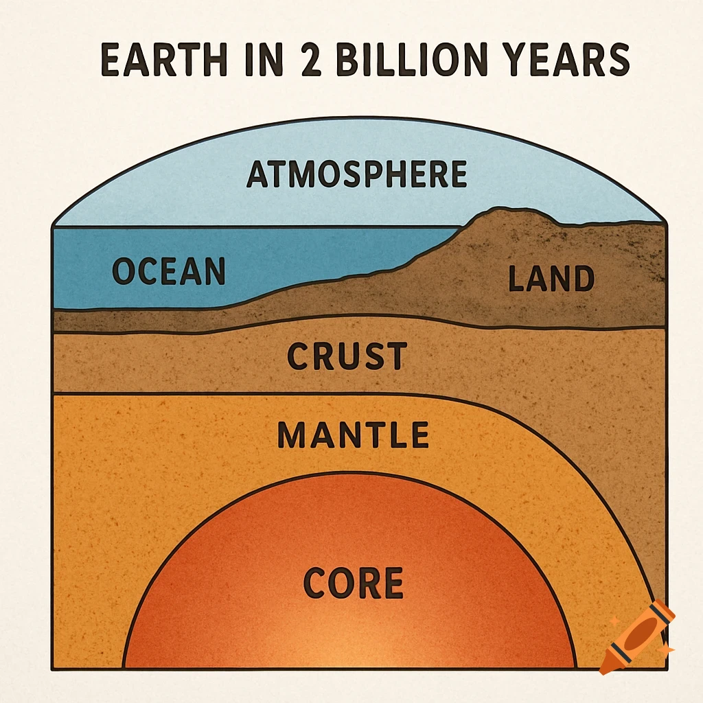 A cross-section diagram of Earth in 2 Billion Years, showing atmosphere, ocean, land, crust, mantle, and core layers.