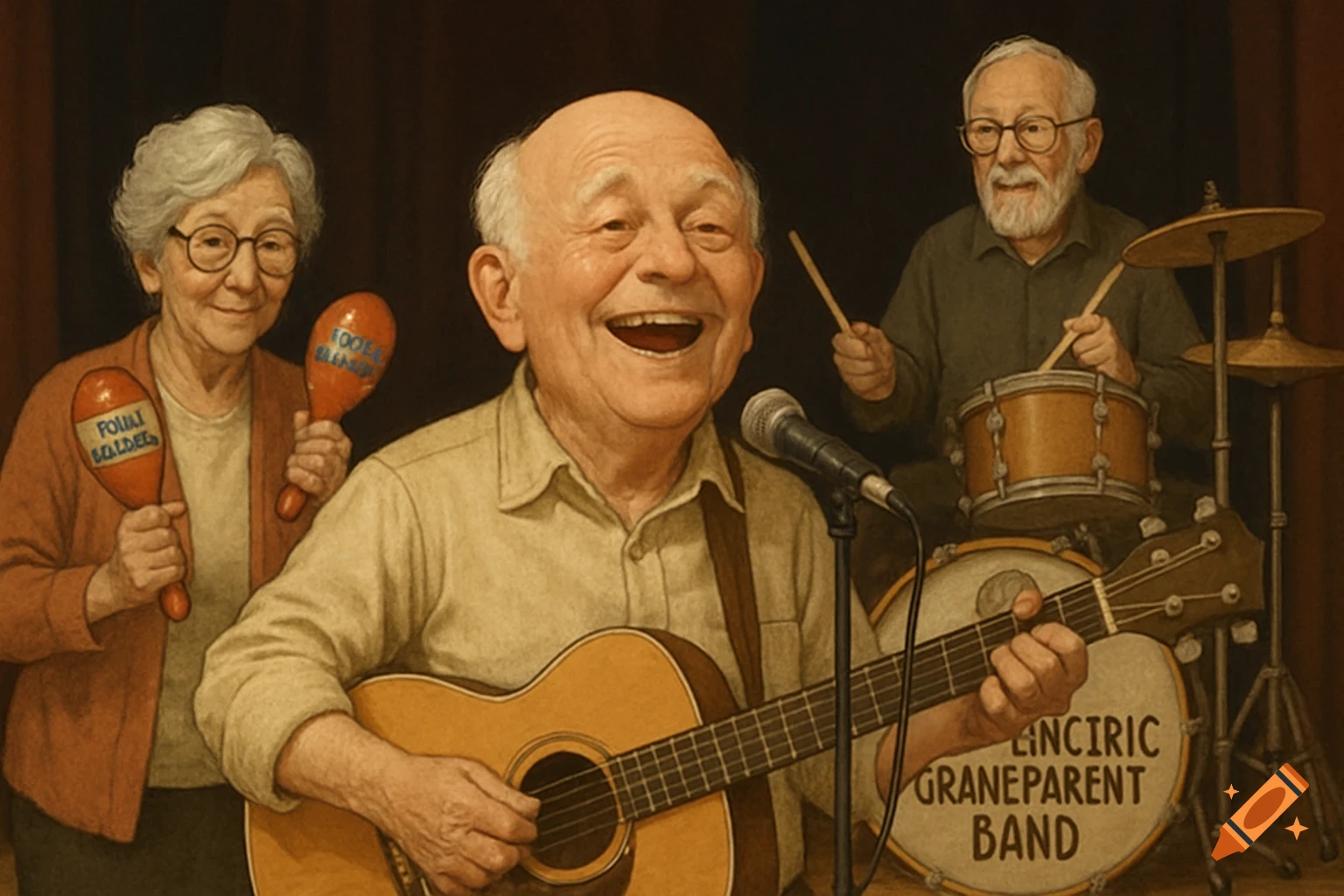 An elderly band performing, with a smiling bald man playing guitar and singing, a woman shaking maracas, and a man playing drums in the background.