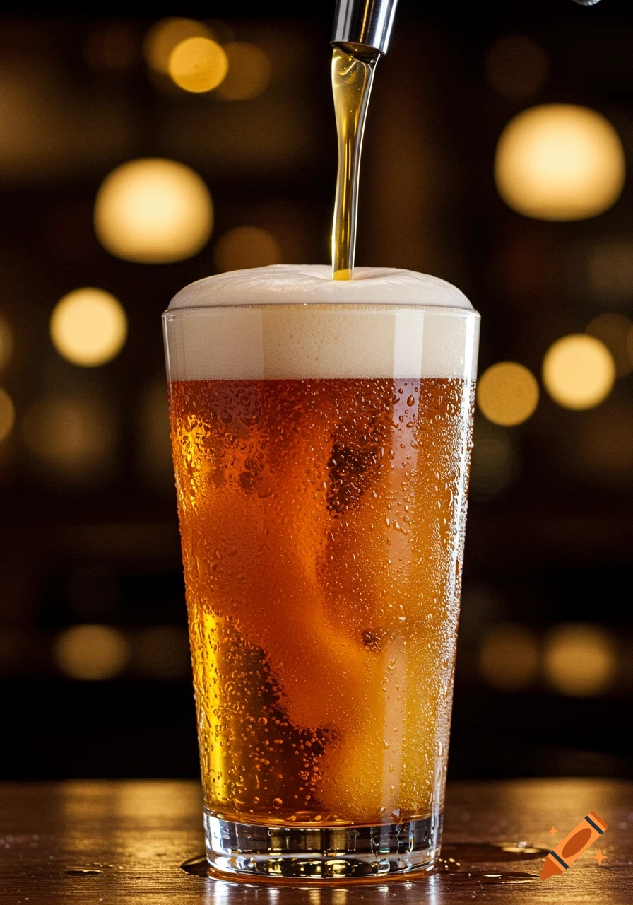 Photorealistic close-up of golden beer being poured into a tall glass, creating a thick white foam head, with condensation on the glass.