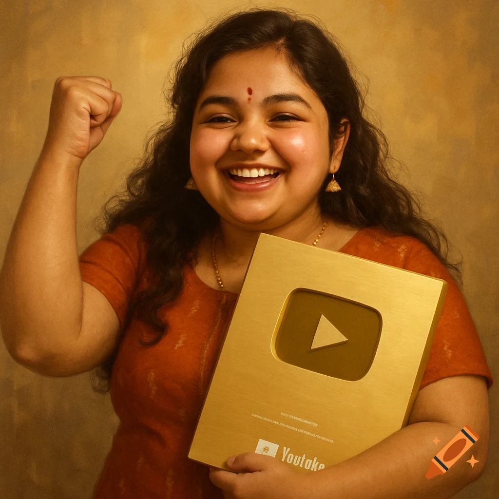 A cheerful young Indian woman with a bindi, holding a gold YouTube Play Button award and raising her fist in celebration.