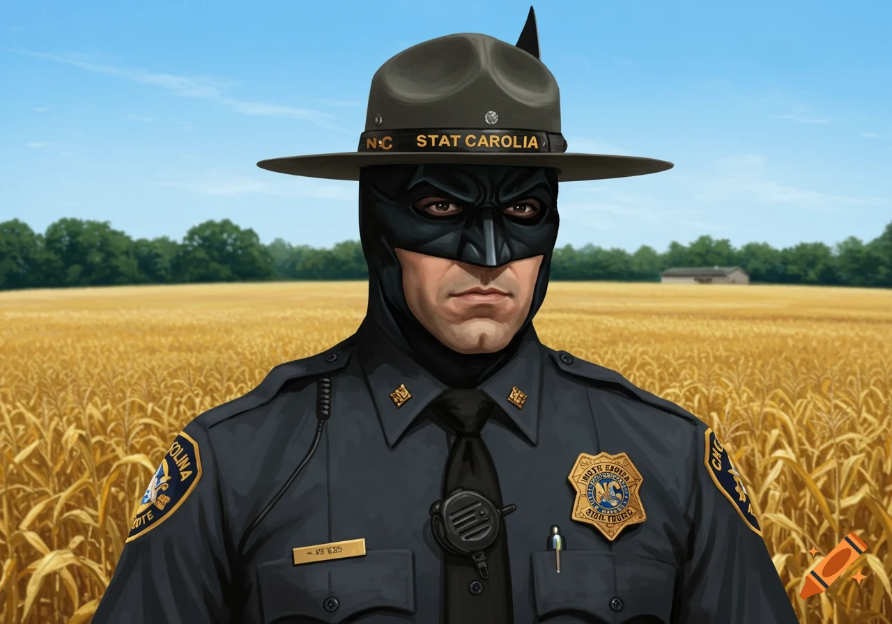 Batman, dressed as a North Carolina State Trooper in a dark uniform and hat, stands in a golden field under a blue sky.