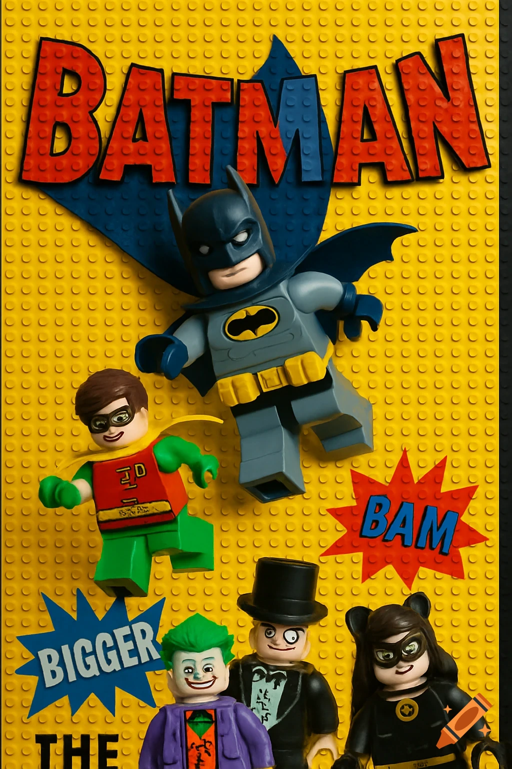 A colorful Lego movie poster featuring Batman, Robin, Joker, Penguin, and Catwoman mini-figures on a yellow Lego baseplate with text 'BATMAN', 'BAM', and 'BIGGER THE'.