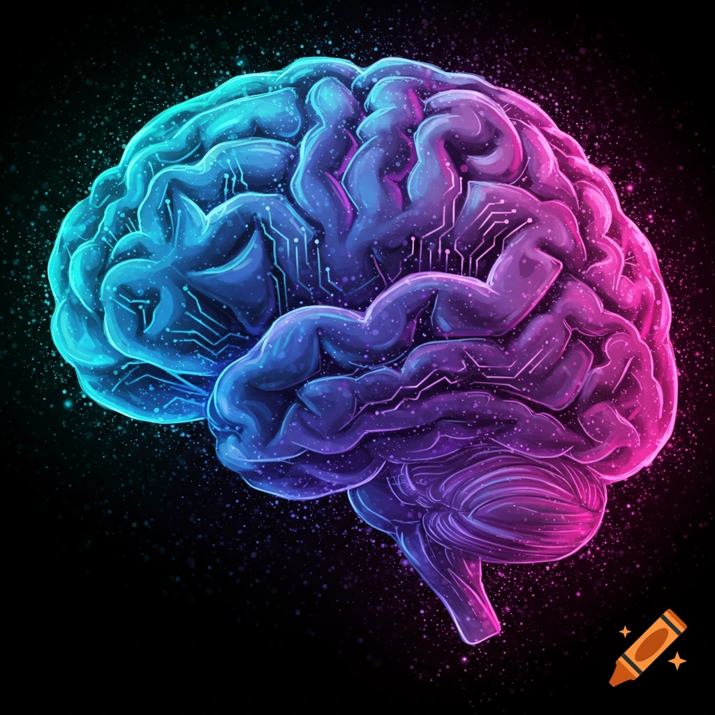 A vibrant, glowing, stylized brain with circuit patterns, rendered in blue and pink hues against a dark, speckled background.