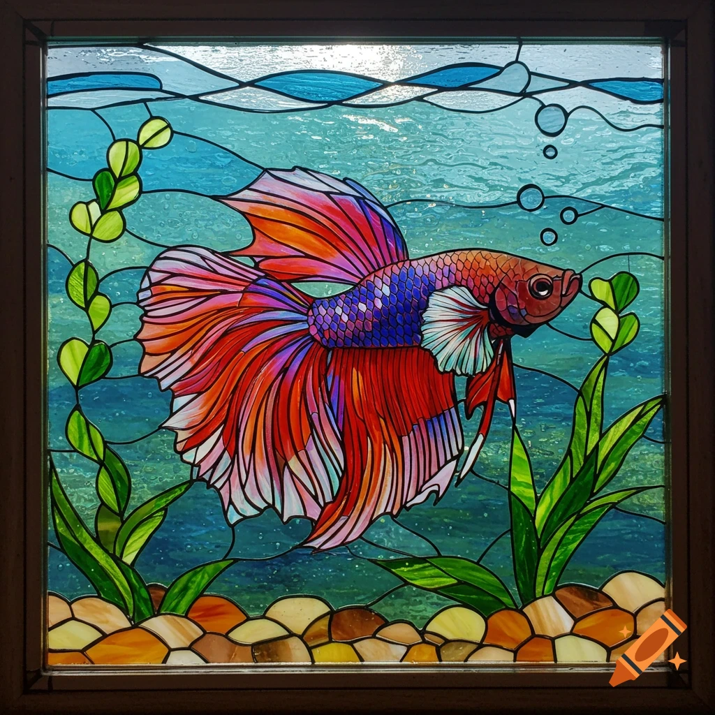 A vibrant stained glass artwork of a colorful Betta fish swimming in blue water with green plants and rocks.
