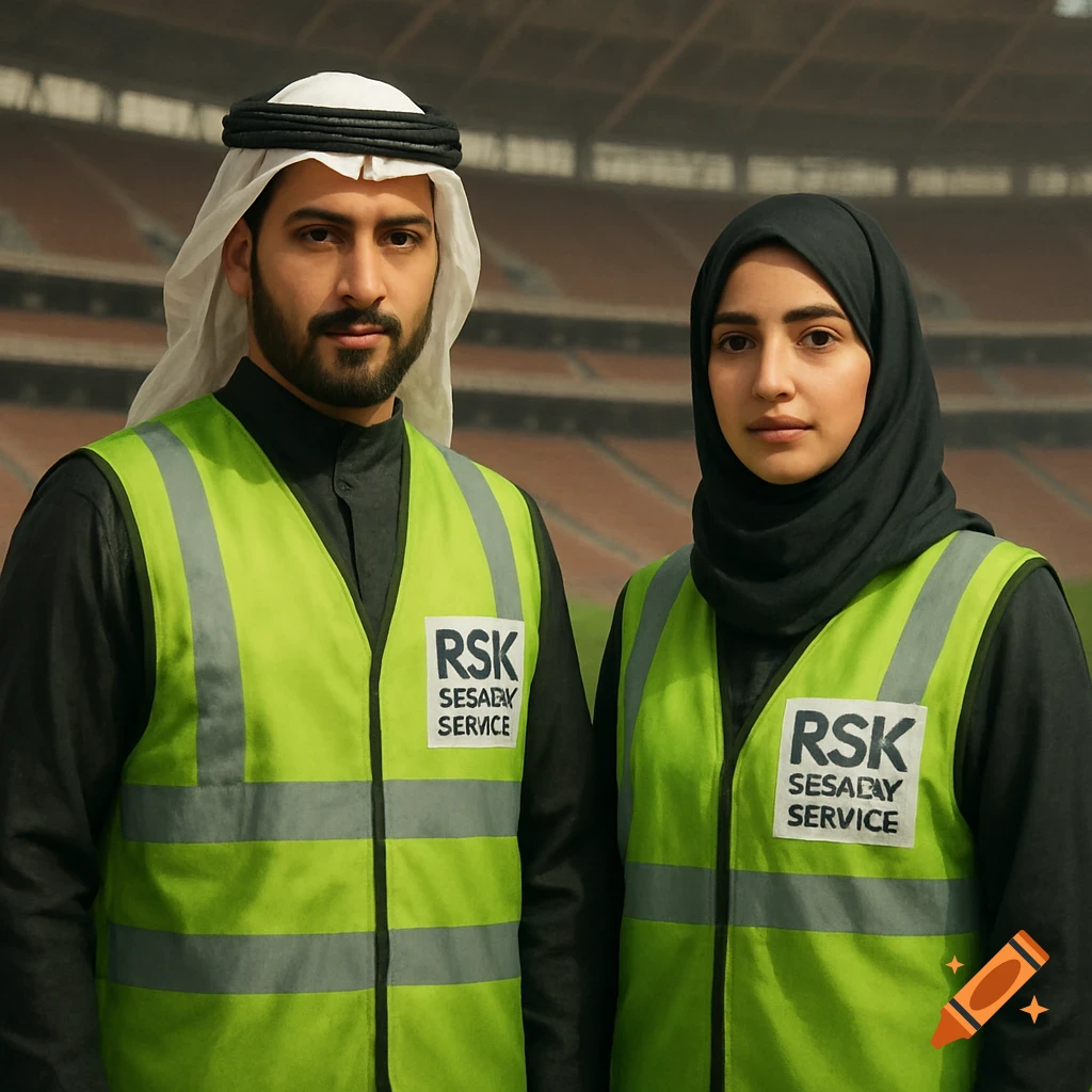 Two Middle Eastern security personnel, one male and one female, in neon green safety vests with a logo, standing in an empty stadium.