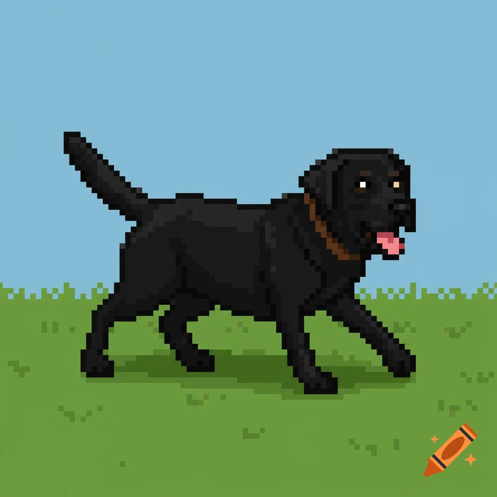 A pixelated black Labrador dog walks across green grass under a blue sky.