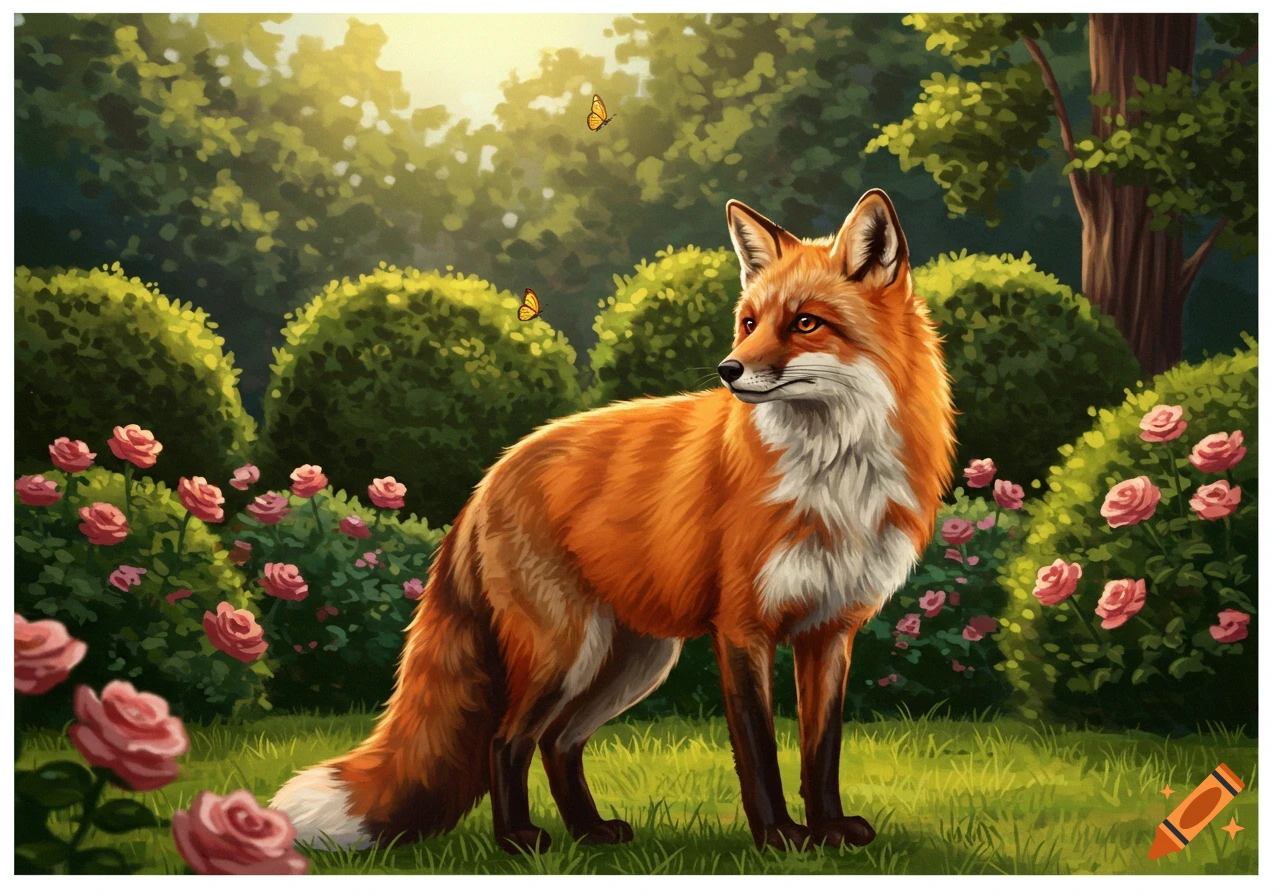A vibrant red fox stands in a lush garden with pink roses and green bushes under a sunny sky, with butterflies.