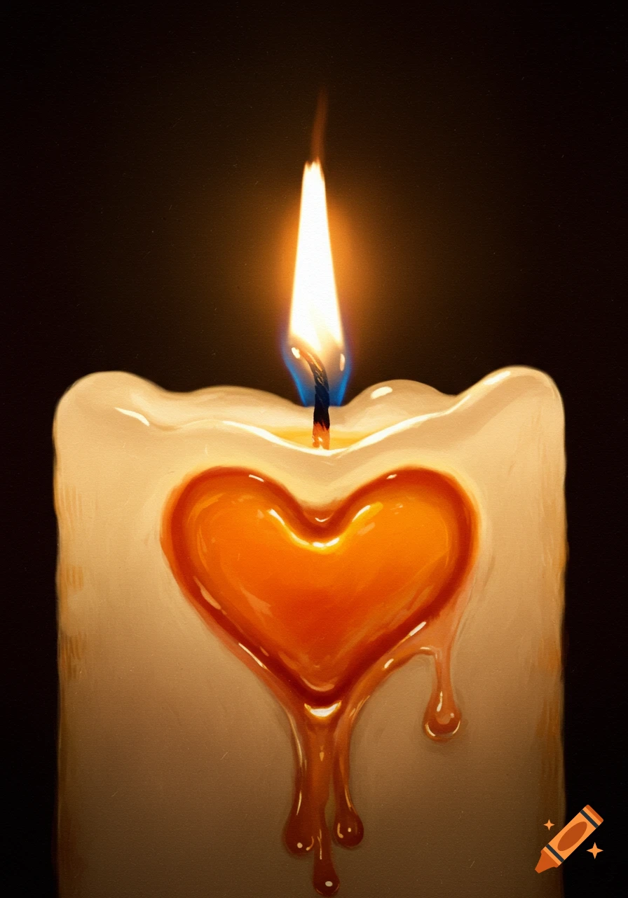 A burning white candle with a glowing orange heart shape melted into its side, against a dark background.