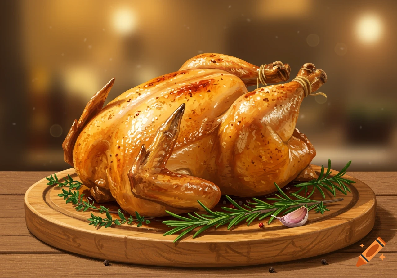 A golden-brown roasted chicken on a wooden cutting board, garnished with rosemary and a garlic clove, with a blurred warm background. Photorealistic style.