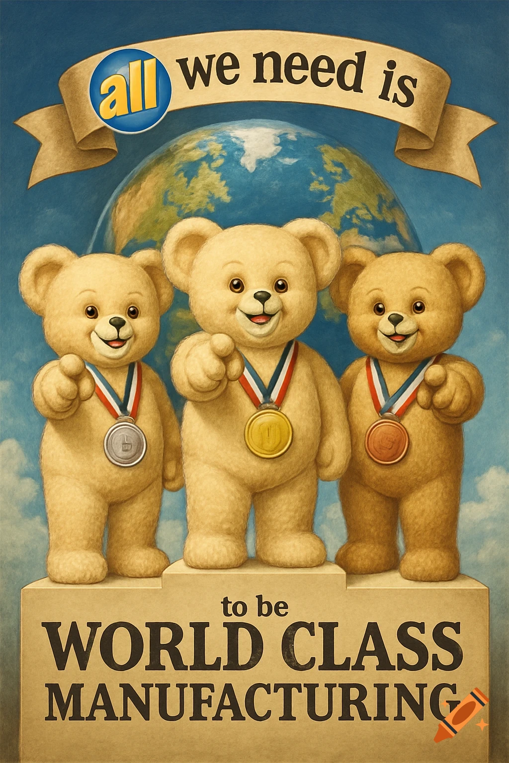 Three smiling teddy bears with medals on a podium, with the Earth and text 'all we need is' and 'to be WORLD CLASS MANUFACTURING' behind them.