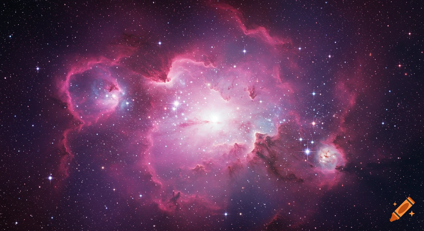 A vibrant pink and purple nebula filled with countless bright stars against a dark, starry backdrop.
