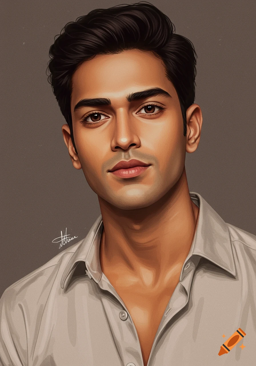 A stylized portrait of a young Indian man with dark hair, brown eyes, and a light-colored collared shirt.