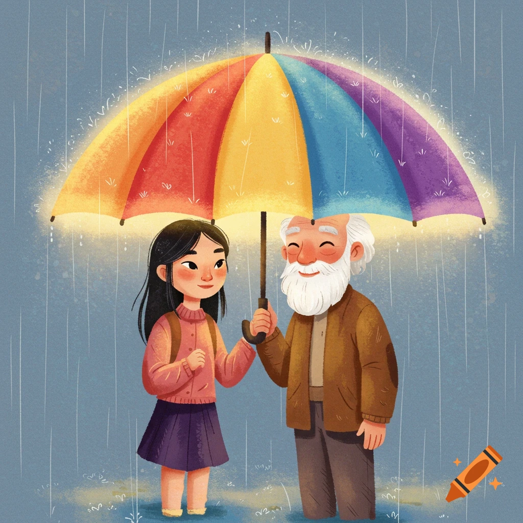 An illustration of a young girl and an old man sharing a rainbow-colored umbrella in the rain.