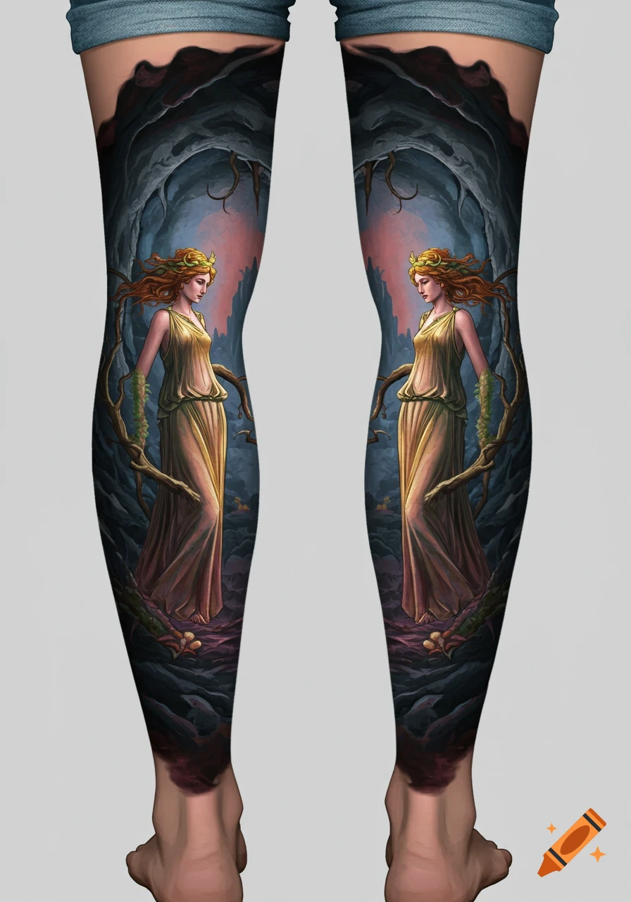 A pair of legs with full-sleeve tattoos depicting a mythical woman in a long gown, standing in a dark, cavernous setting with gnarled tree branches.