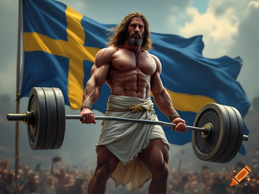 A heavily muscled, long-haired figure resembling Jesus deadlifts a barbell in front of a waving Swedish flag, with a crowd visible in the background.