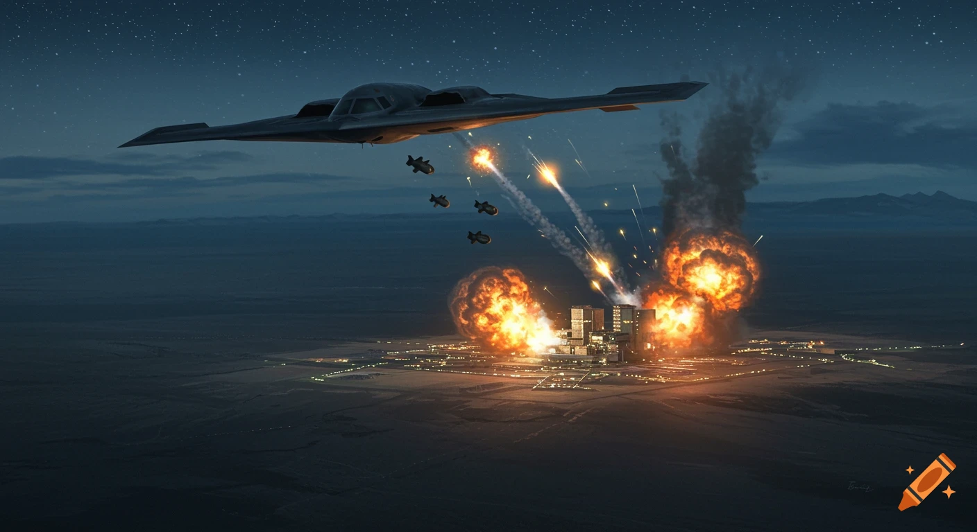 A B-2 Spirit stealth bomber drops bombs on a city at night, causing large explosions and smoke plumes.