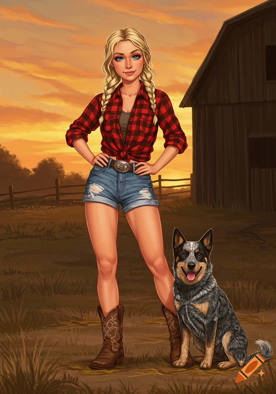 A smiling blonde country girl with braids and a red flannel shirt stands next to a blue heeler dog in front of a barn at sunset, in an animated style.