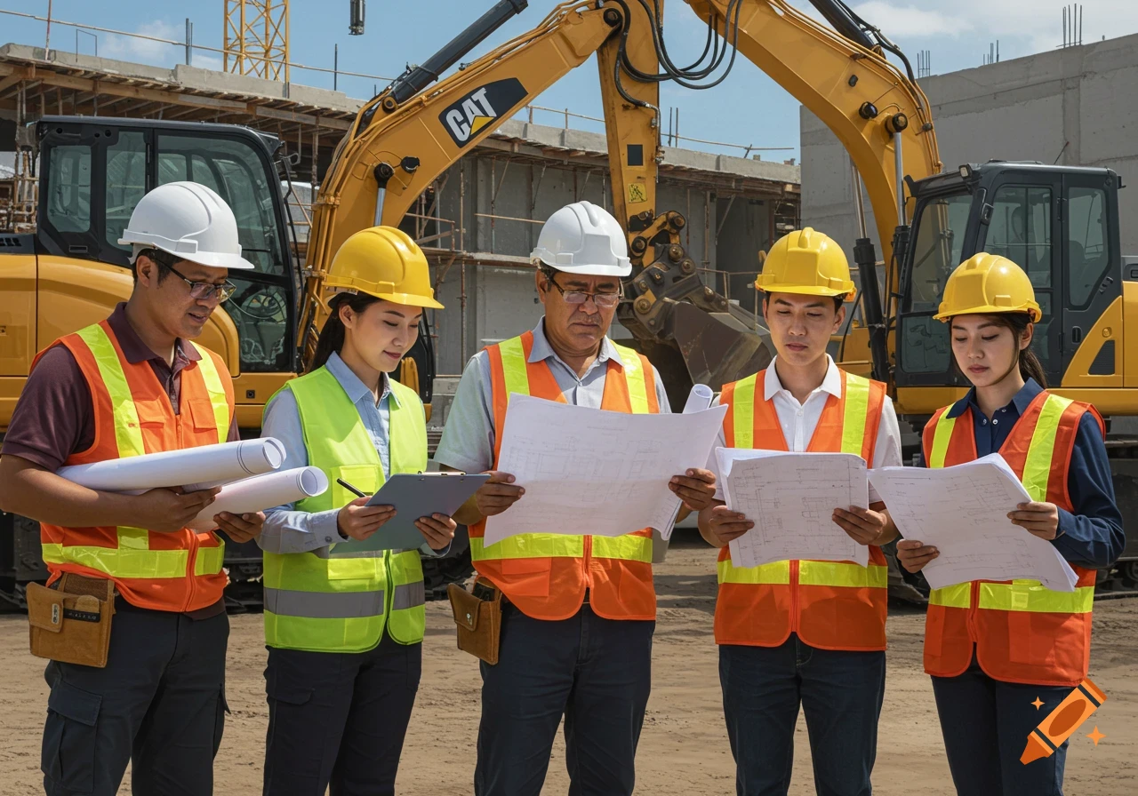 Five construction workers in hard hats and safety vests review blueprints at a building site with heavy machinery.