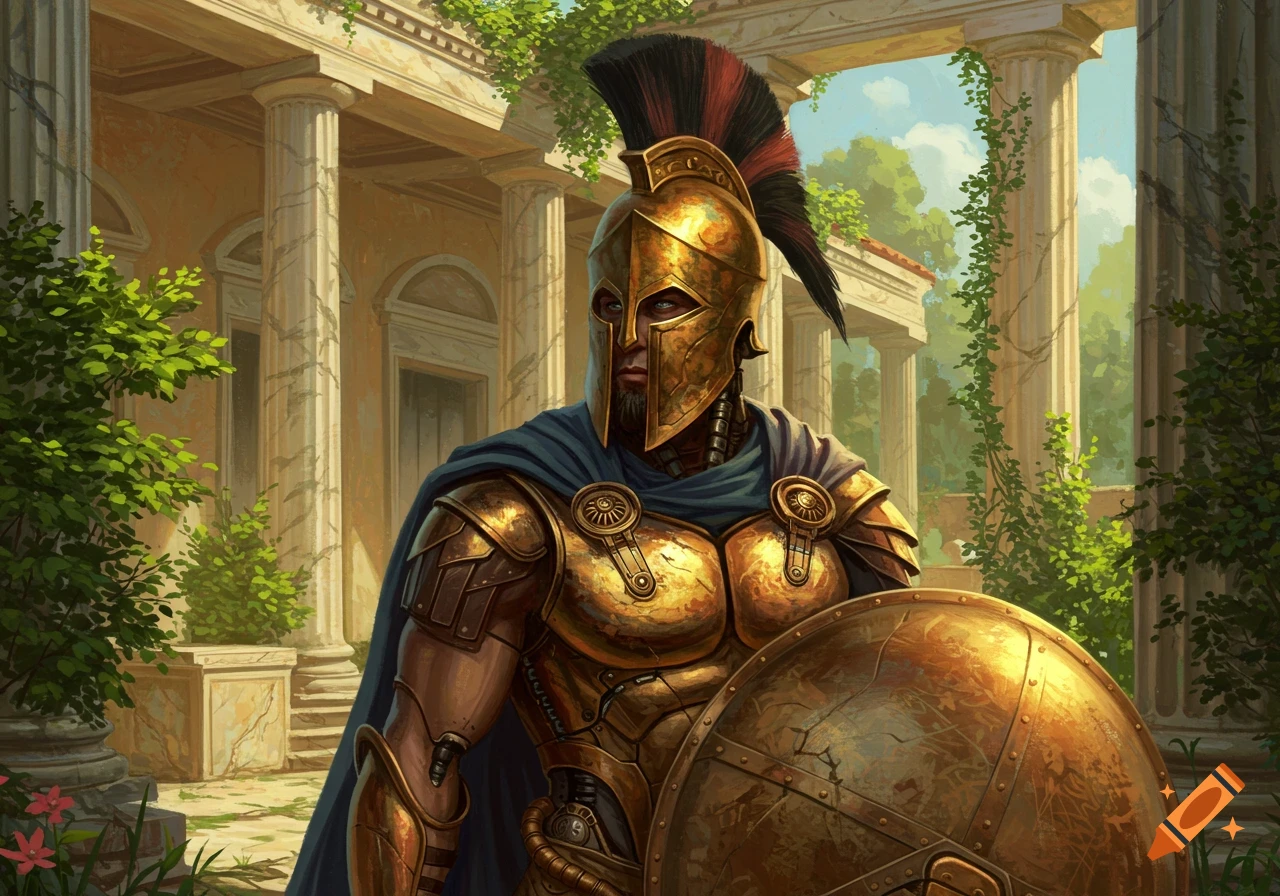 A detailed image of a steampunk Spartan warrior in golden armor and helmet, standing in the ruins of a Greek villa.