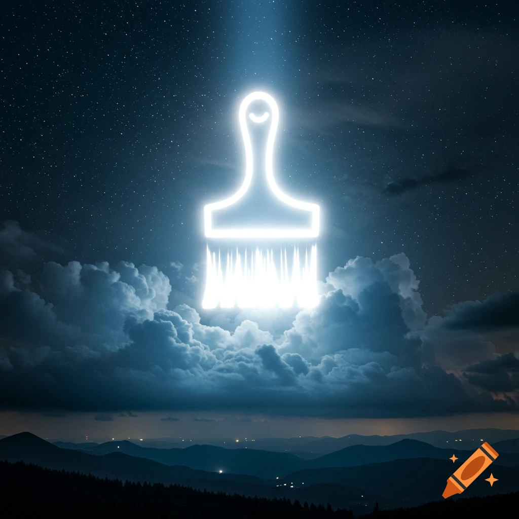 A glowing white neon paintbrush symbol shines like a beacon in a dramatic dark night sky filled with stars and clouds over silhouetted mountains.