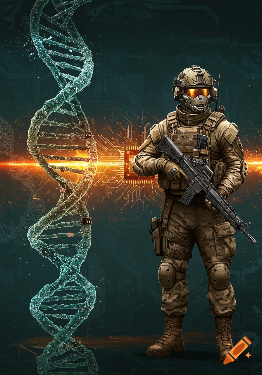 A futuristic soldier stands next to a glowing DNA helix and circuit board background, in a detailed digital illustration.